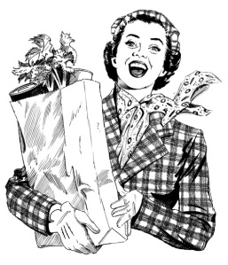 Vintage scratchboard illustration of 1950s housewife.